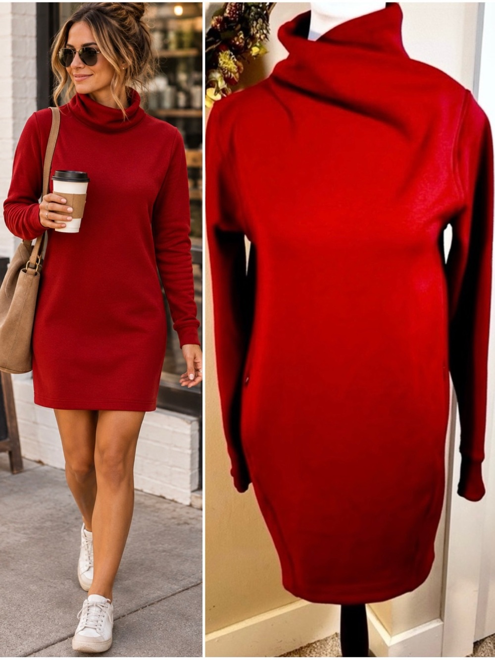 Athleta Cozy Karma Mock Neck Fleece Dress Red Long Sleeve Athleisure XXS💛